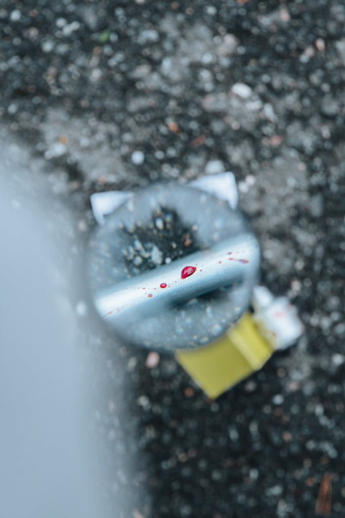 Magnifying glass focuses on blood stain in an outdoor forensic investigation.