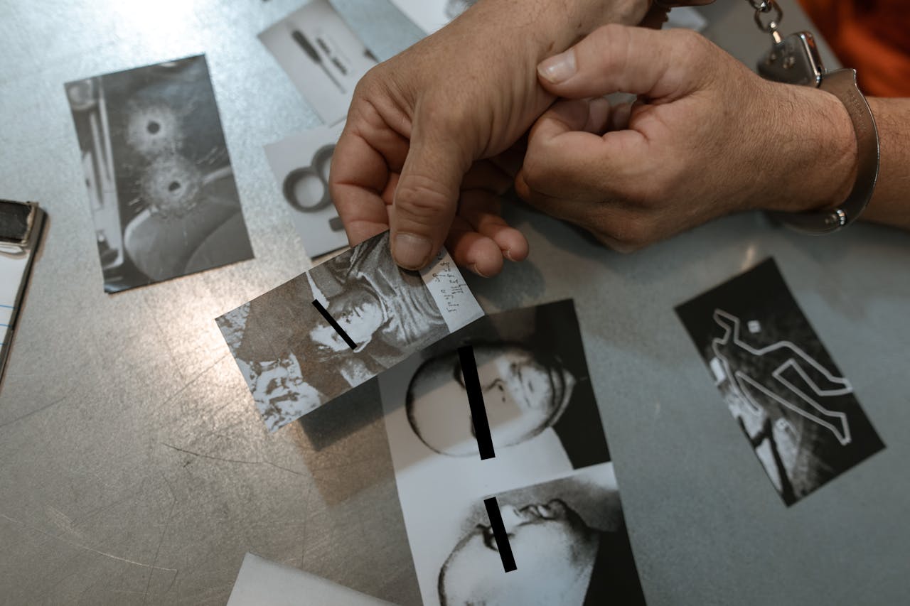 Close-up of handcuffed person examining crime scene photos on table, indicating investigation process.