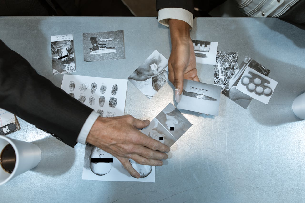 Hands exchanging evidence during a collaborative crime investigation meeting indoors.